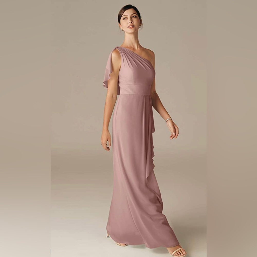 CHIFFON FLUTTERED ONE SHOULDER BRIDESMAID DRESS IN ”DUSTY ROSE”